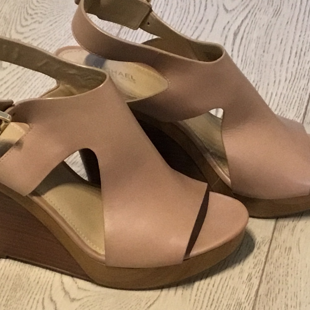 Michael Kors Nude Pink Leather Slingback Wedge Sandals